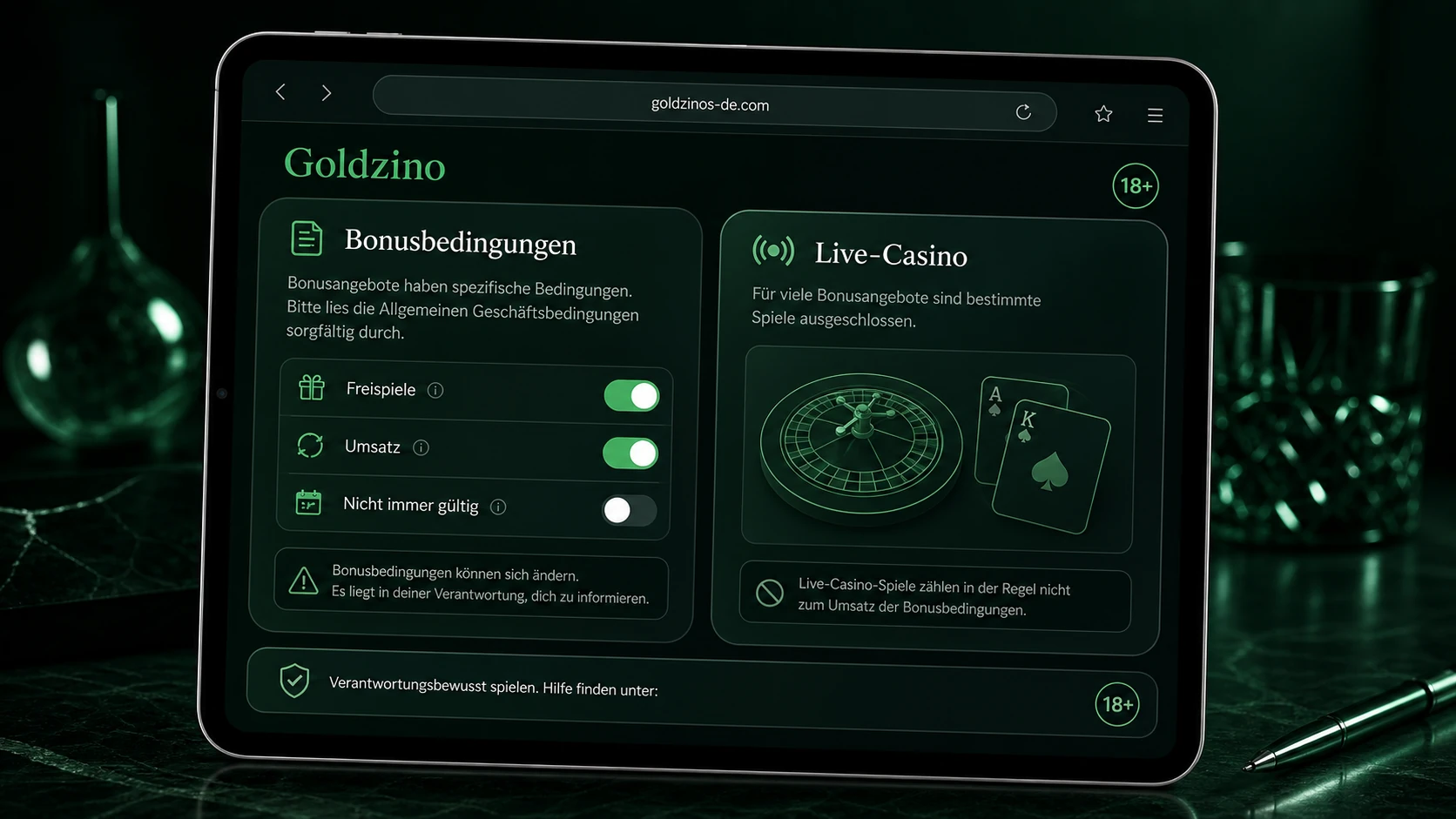 Bonus, Freispiele und Live-Casino-Bedingungen